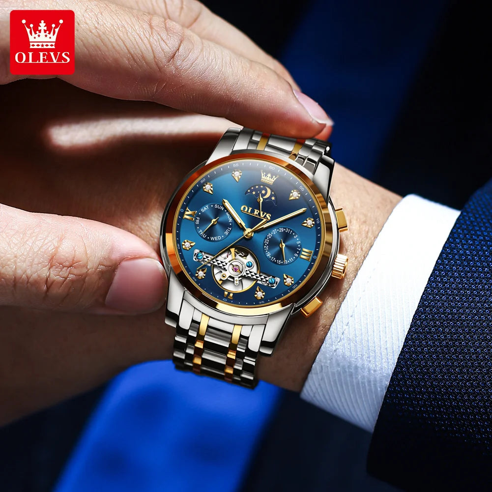 OLEVS Luxury Men’s Automatic Watch – Moon Phase, Date & Flywheel