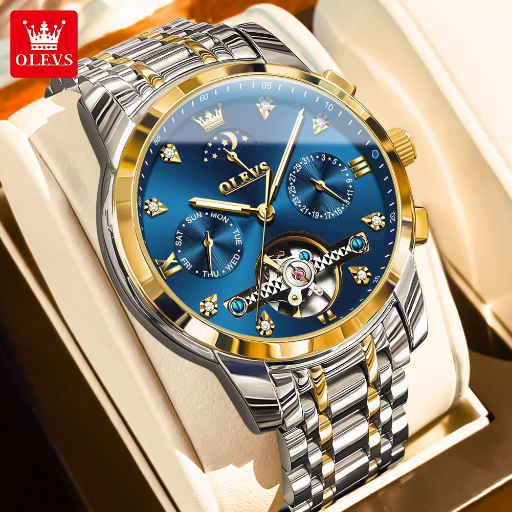 OLEVS Luxury Men’s Automatic Watch – Moon Phase, Date & Flywheel