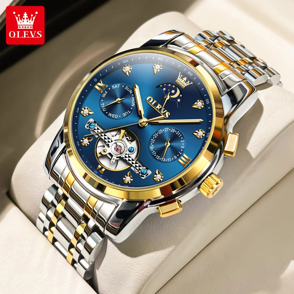 OLEVS Luxury Men’s Automatic Watch – Moon Phase, Date & Flywheel