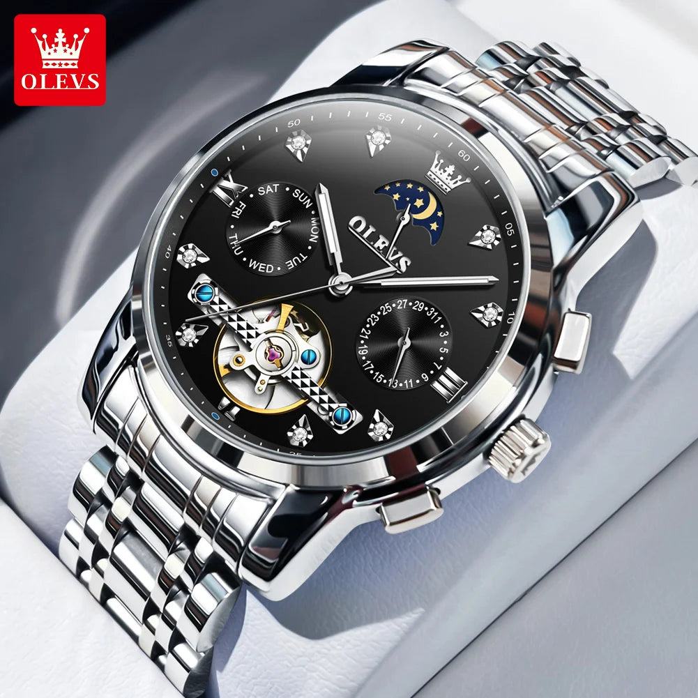 OLEVS Luxury Men’s Automatic Watch – Moon Phase, Date & Flywheel