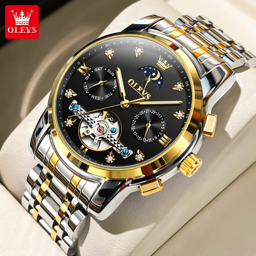 OLEVS Luxury Men’s Automatic Watch – Moon Phase, Date & Flywheel