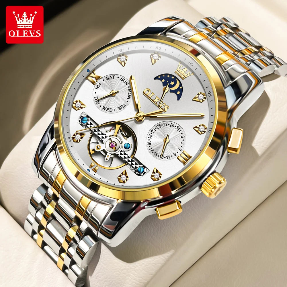 OLEVS Luxury Men’s Automatic Watch – Moon Phase, Date & Flywheel