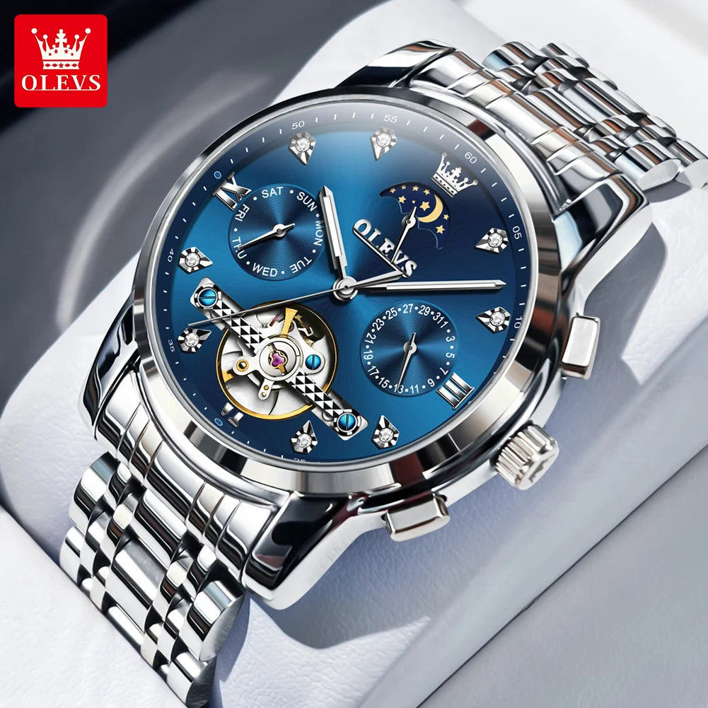 OLEVS Luxury Men’s Automatic Watch – Moon Phase, Date & Flywheel
