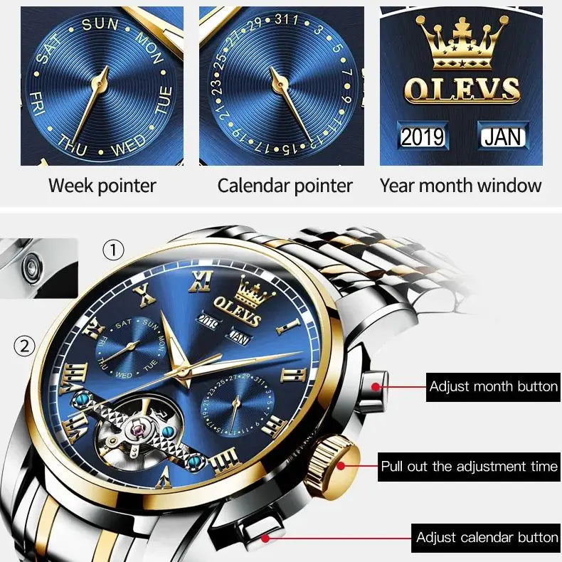 OLEVS Men’s Automatic Watch – Skeleton Design with Date Calendar