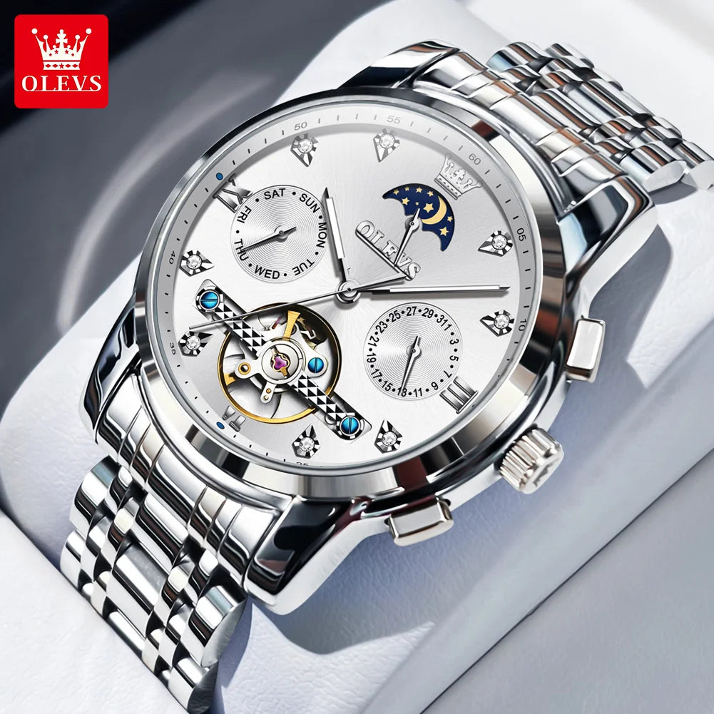 OLEVS Luxury Men’s Automatic Watch – Moon Phase, Date & Flywheel