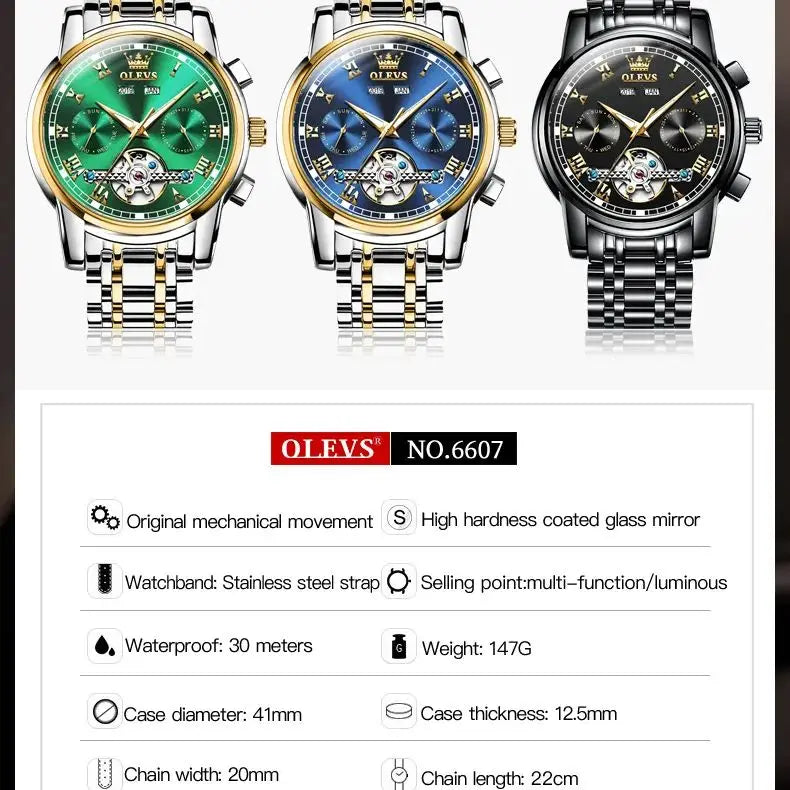 OLEVS Men’s Automatic Watch – Skeleton Design with Date Calendar