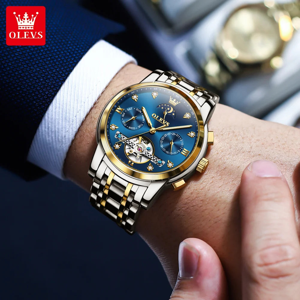 OLEVS Luxury Men’s Automatic Watch – Moon Phase, Date & Flywheel