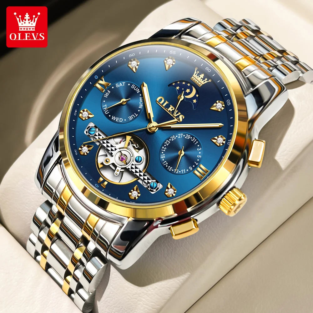 OLEVS Luxury Men’s Automatic Watch – Moon Phase, Date & Flywheel