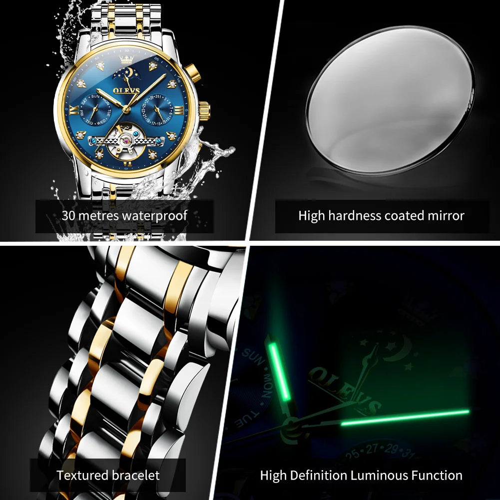 OLEVS Luxury Men’s Automatic Watch – Moon Phase, Date & Flywheel